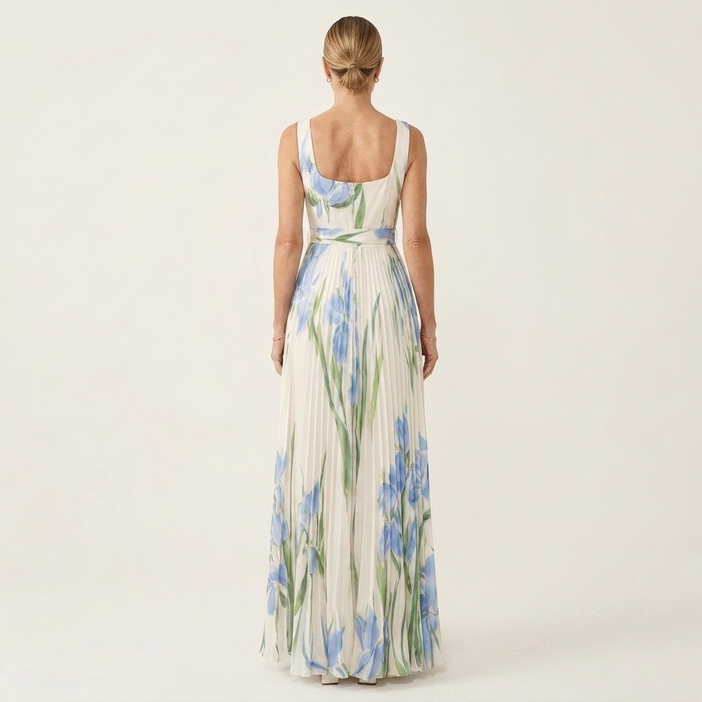 Irene | Floral Pleated Square-Neck Maxi Dress
