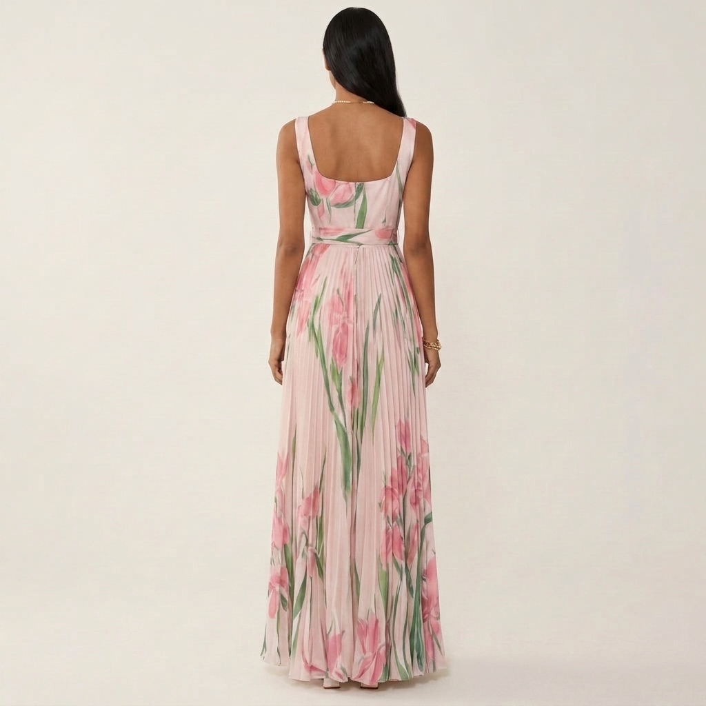 Irene | Floral Pleated Square-Neck Maxi Dress
