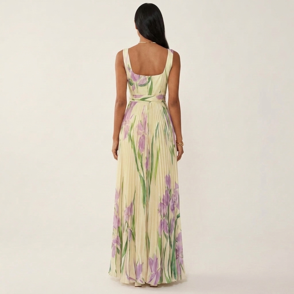 Irene | Floral Pleated Square-Neck Maxi Dress