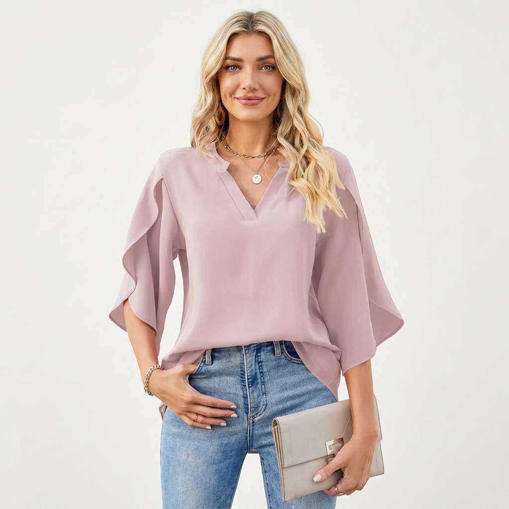 Corelia | Chiffon Flutter Sleeve Blouse With Notch V-Neckline