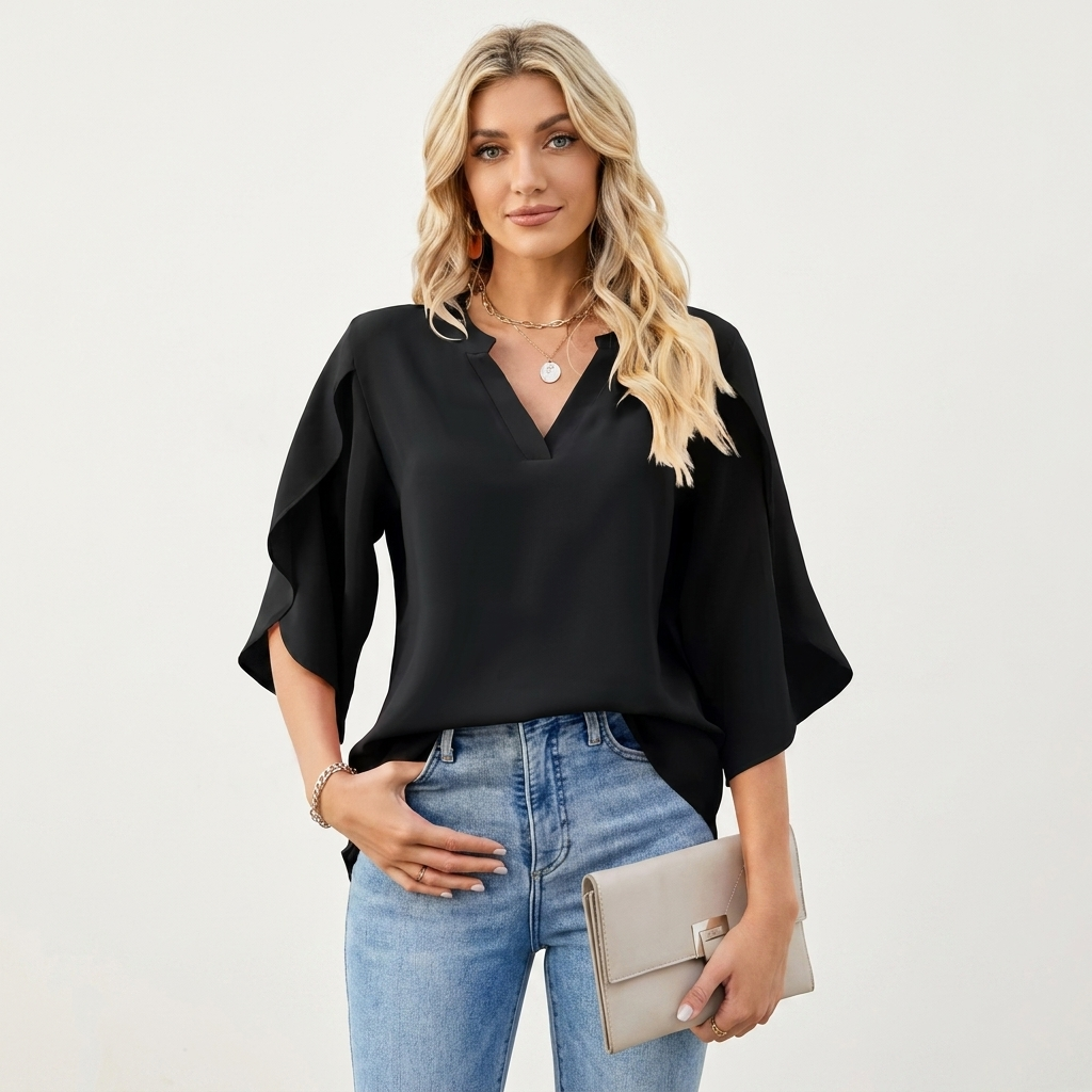 Corelia | Chiffon Flutter Sleeve Blouse With Notch V-Neckline