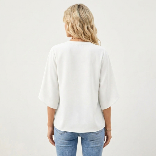 Corelia | Chiffon Flutter Sleeve Blouse With Notch V-Neckline