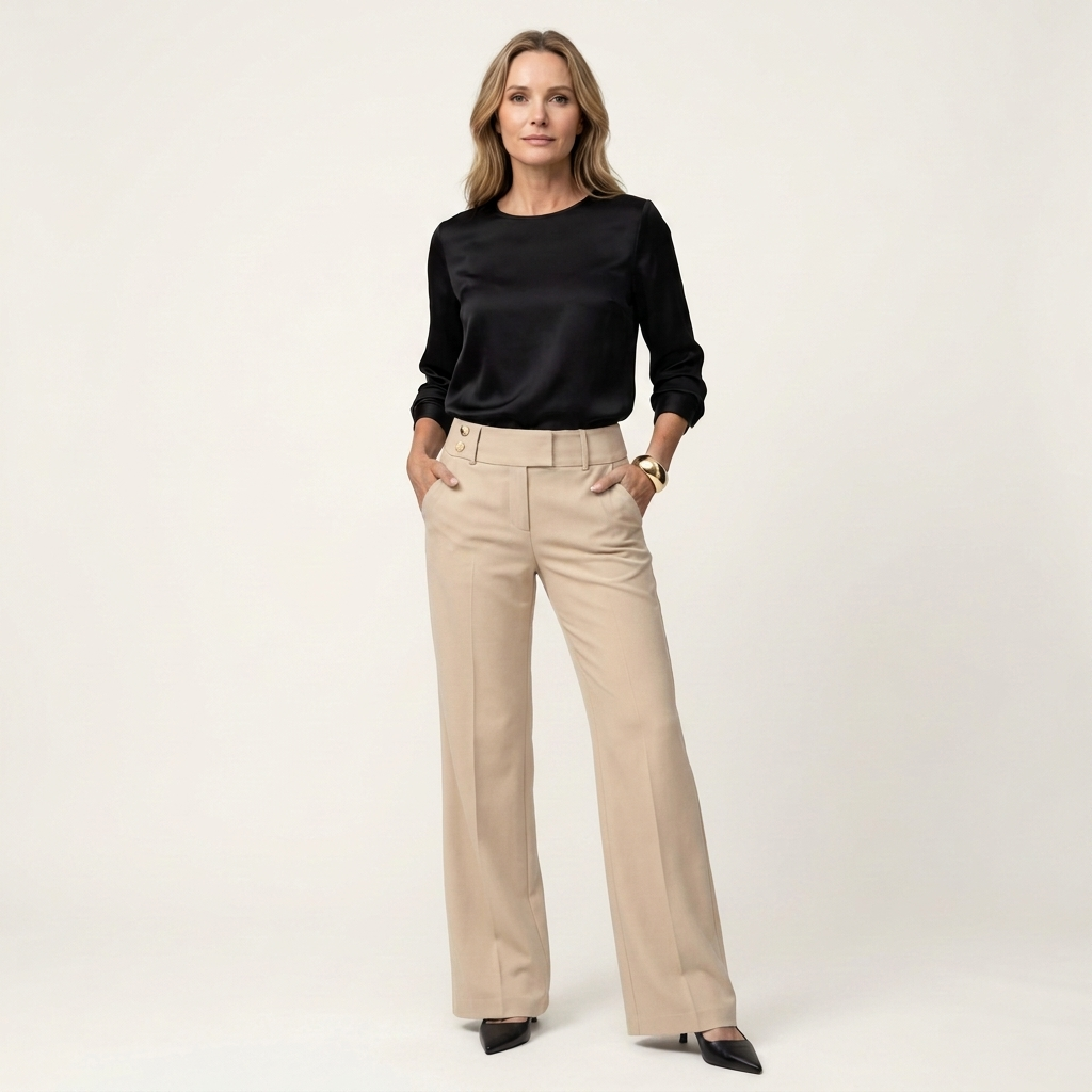 Melinda | High-Waisted Wide-Leg Pants with Button Tab Detail