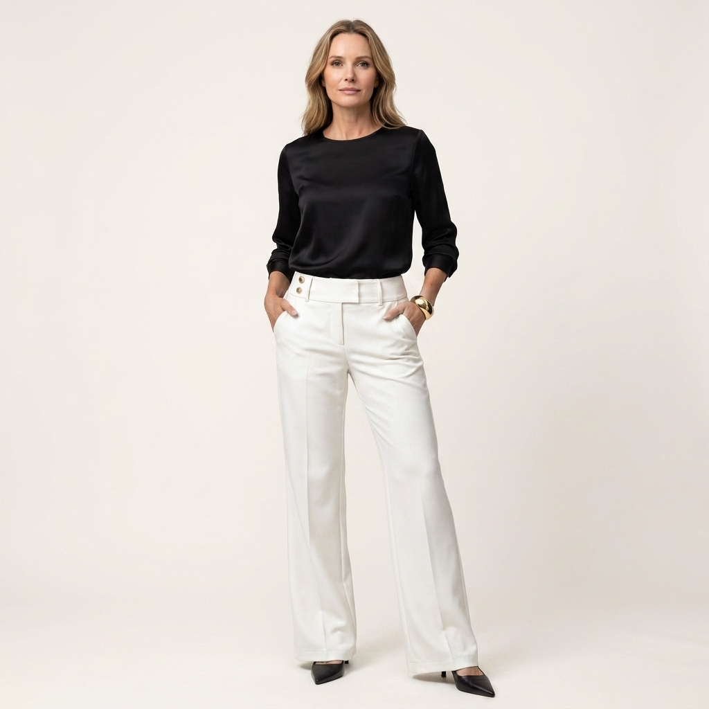 Melinda | High-Waisted Wide-Leg Pants with Button Tab Detail