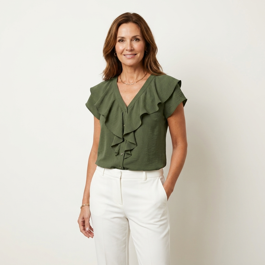 Marelia | Cascading Ruffle V-Neck Blouse with Cap Sleeves