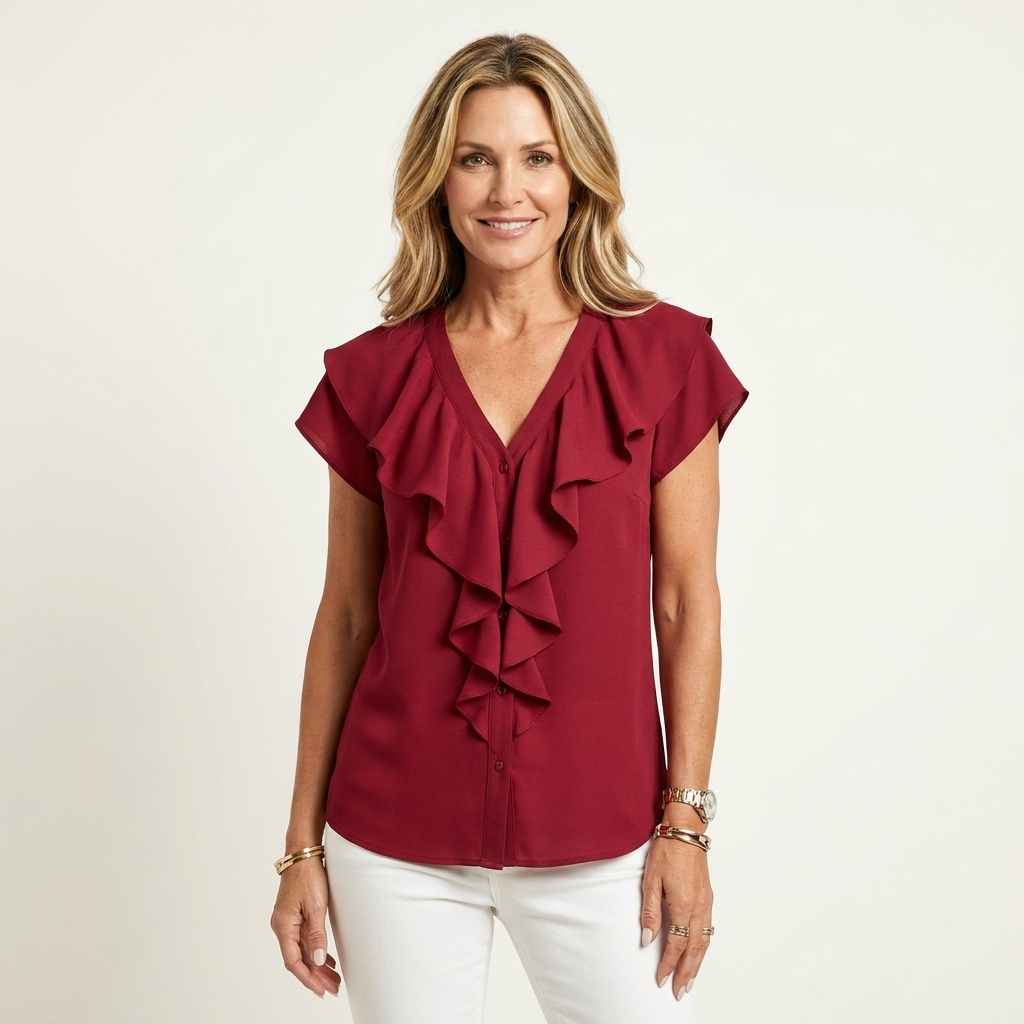 Marelia | Cascading Ruffle V-Neck Blouse with Cap Sleeves