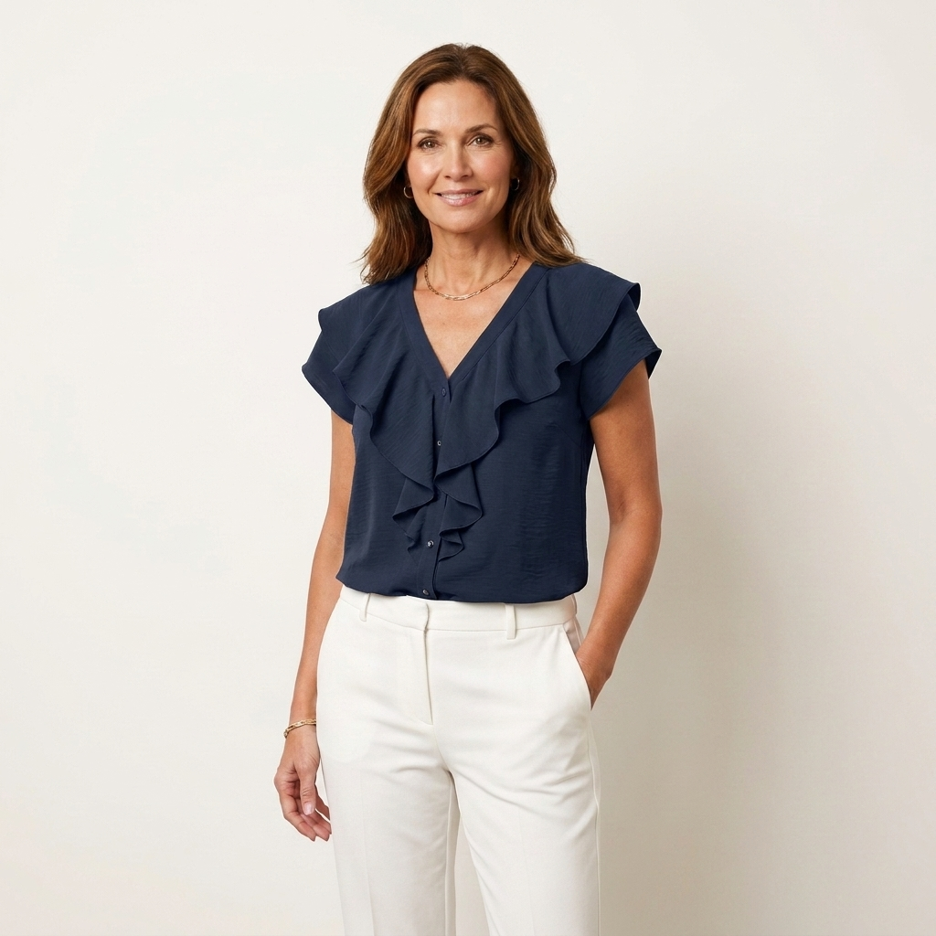 Marelia | Cascading Ruffle V-Neck Blouse with Cap Sleeves