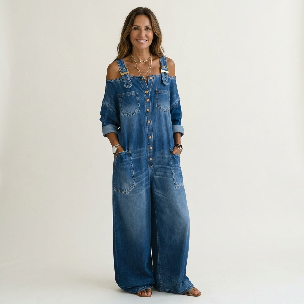 Joanna | Cold-Shoulder Washed Denim Wide-Leg Jumpsuit