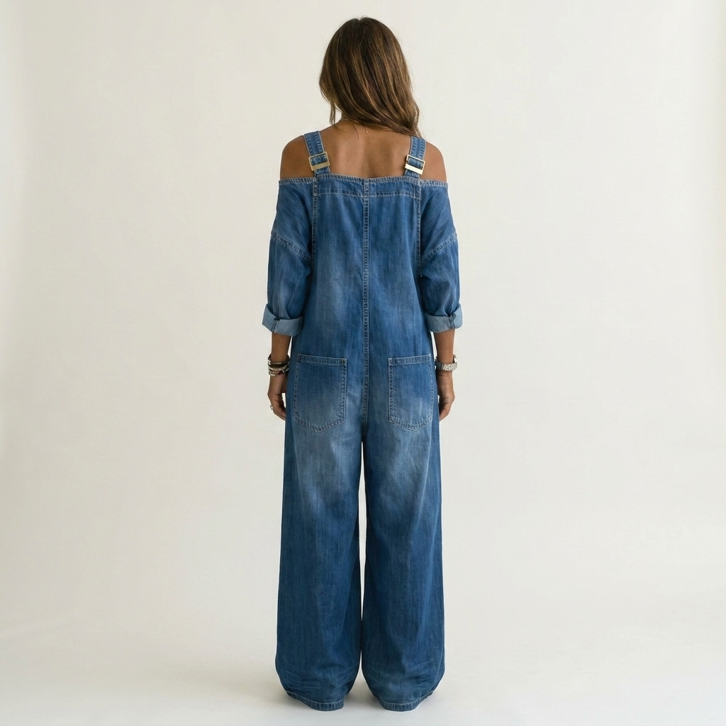 Joanna | Cold-Shoulder Washed Denim Wide-Leg Jumpsuit