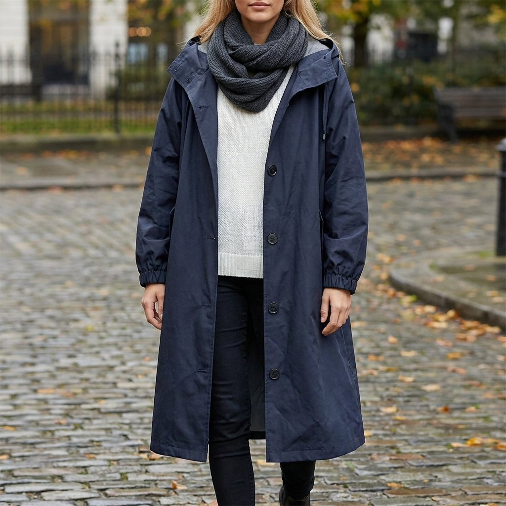 Women's Button-Front Hooded Raincoat with Elasticated Cuffs
