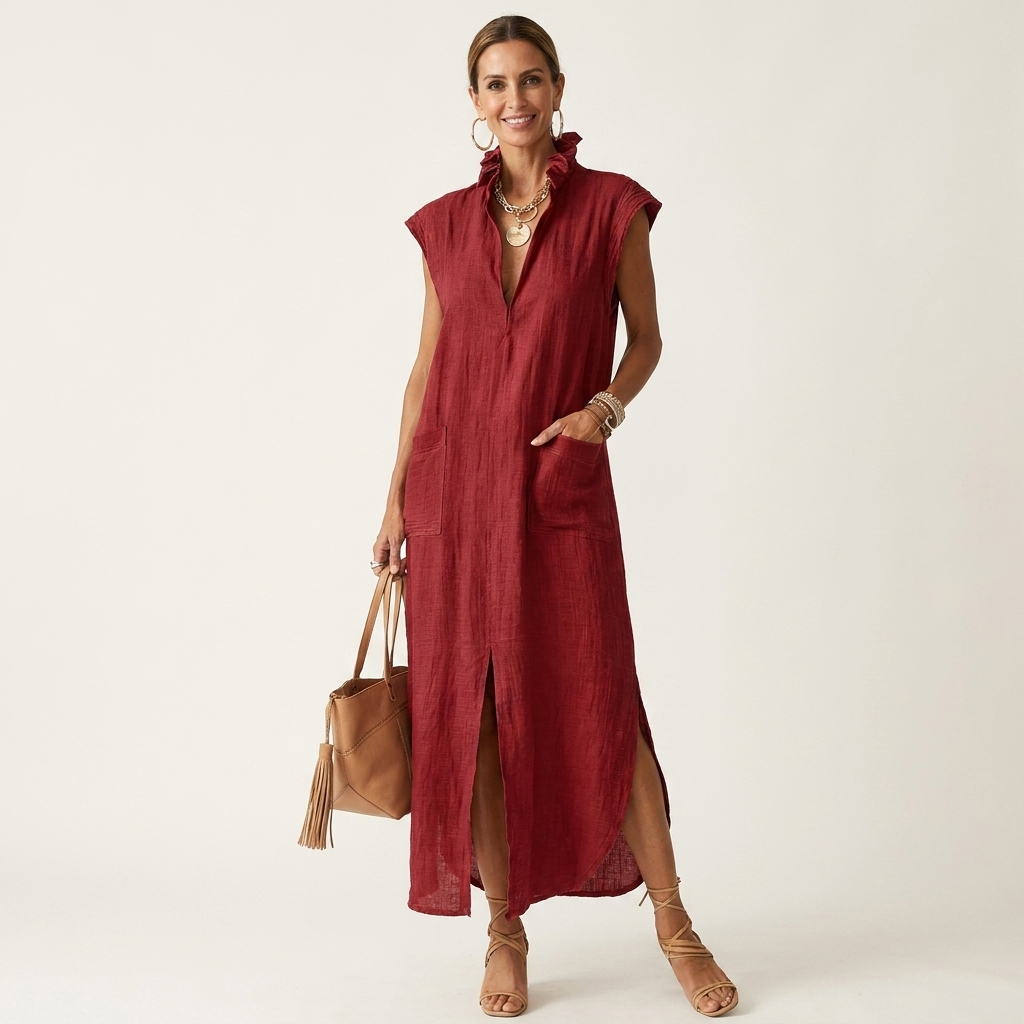 Grace | Ruffle Collar Washed Cotton Maxi Dress With Side Slit