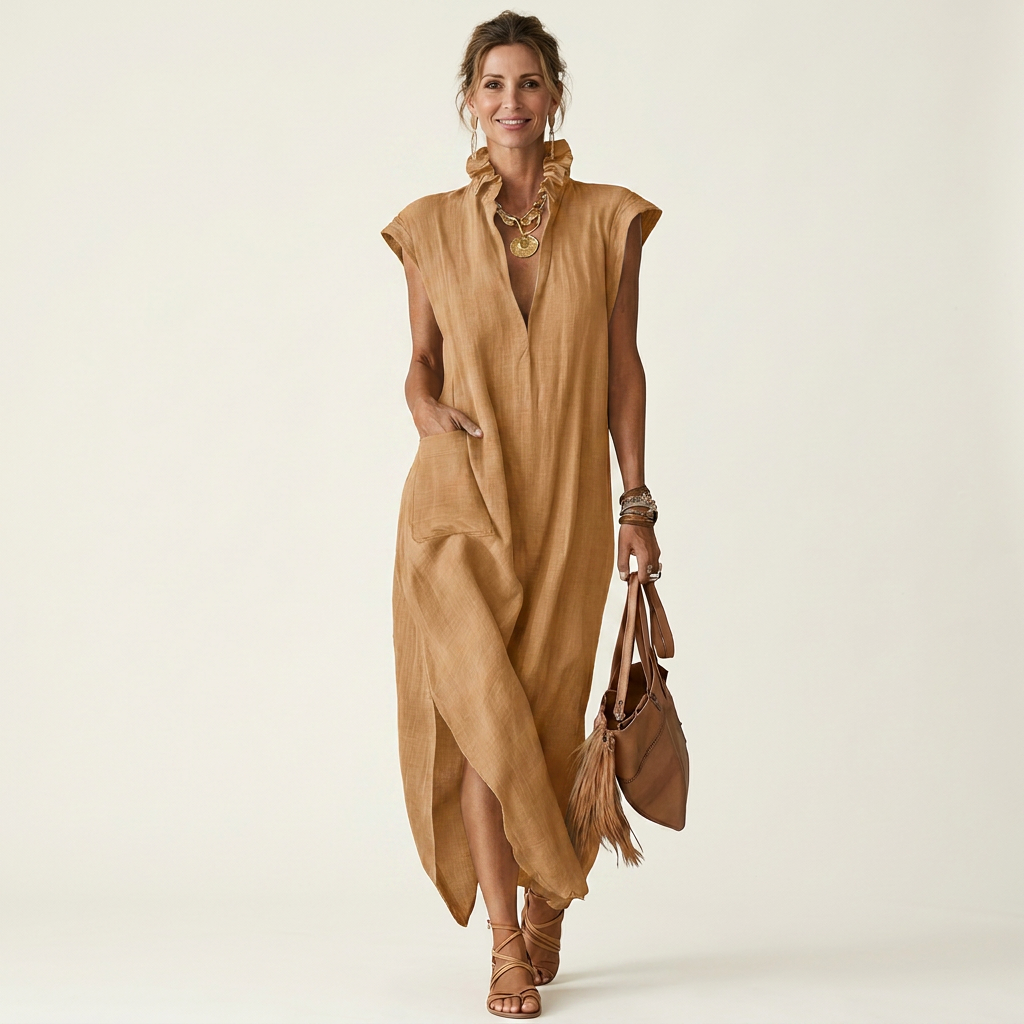 Grace | Ruffle Collar Washed Cotton Maxi Dress With Side Slit