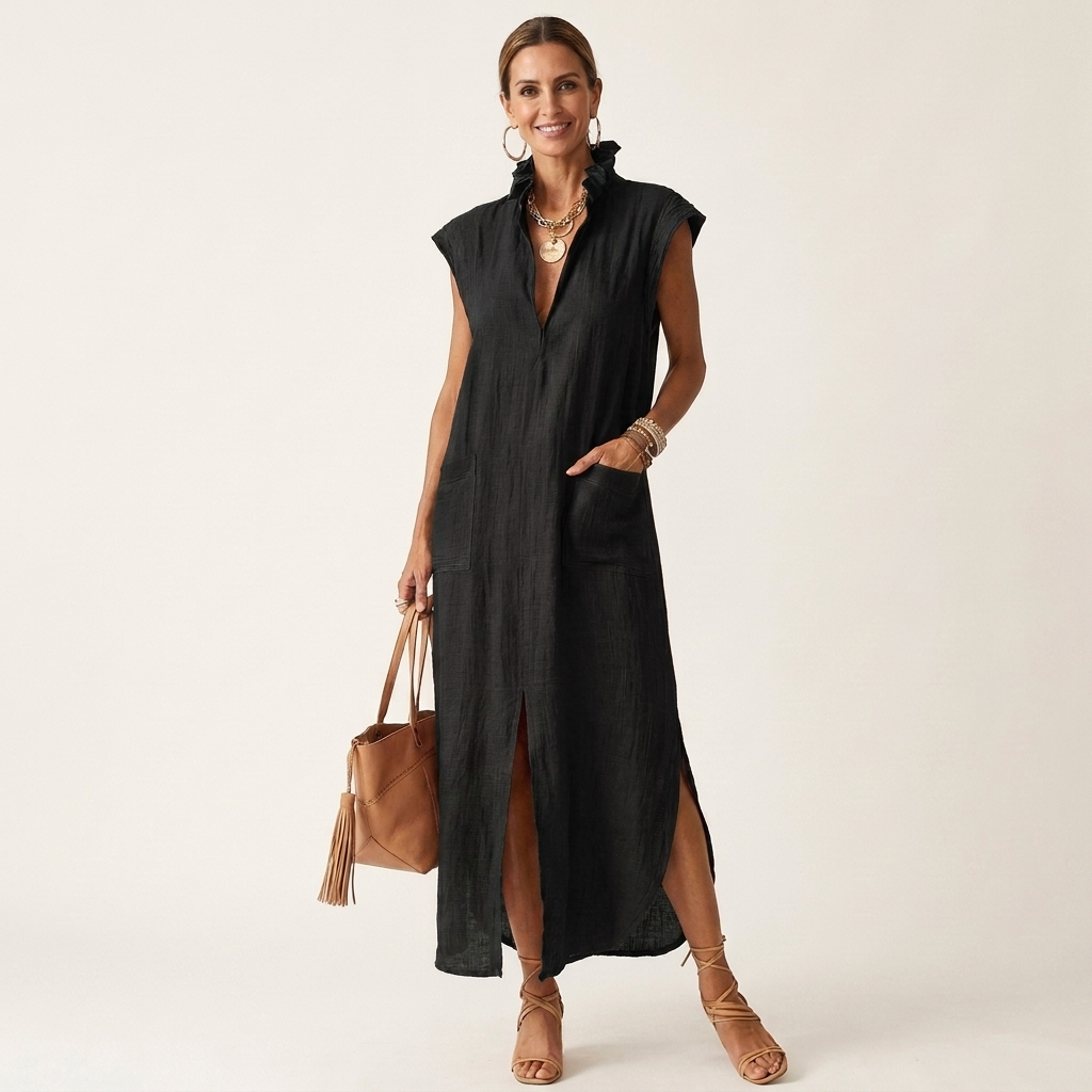 Grace | Ruffle Collar Washed Cotton Maxi Dress With Side Slit
