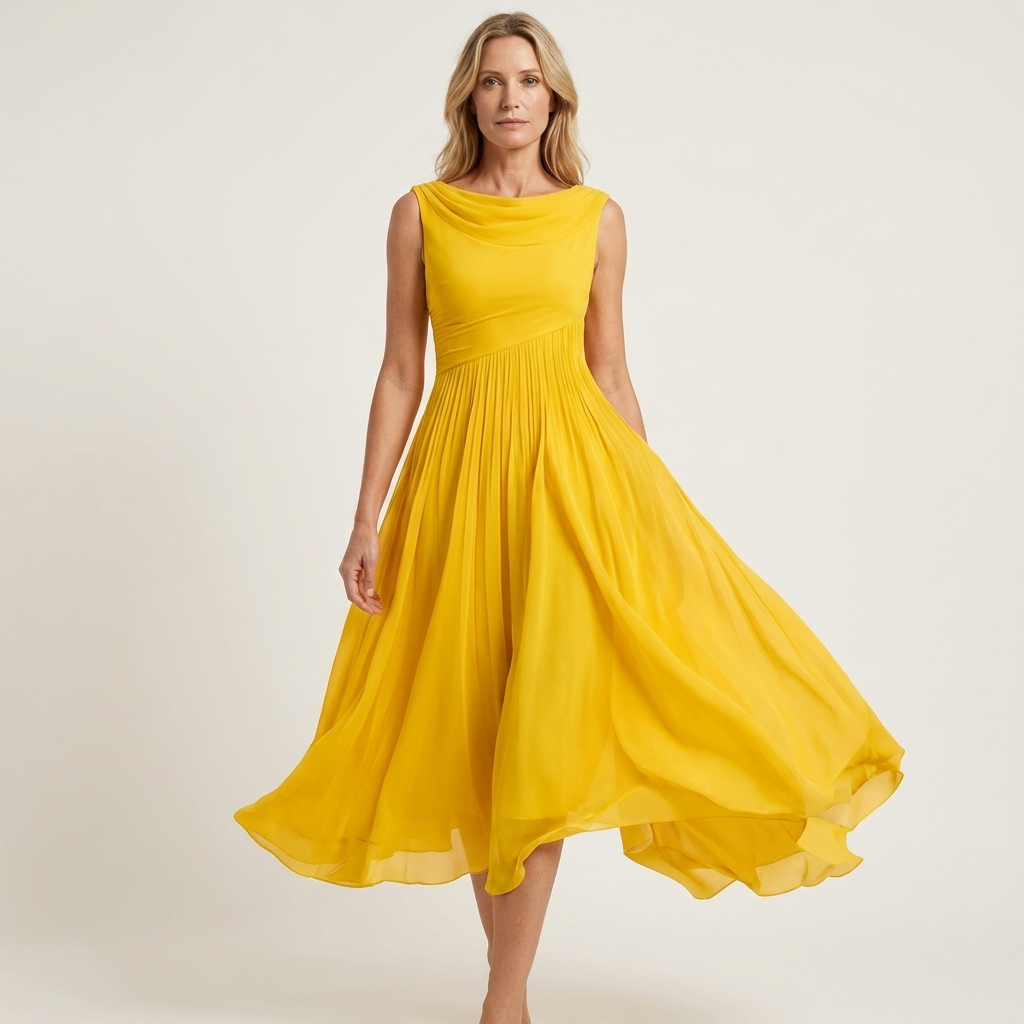 Mia | Chiffon Tea-Length Dress With Draped Bateau Neck
