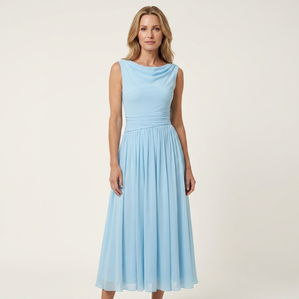 Mia | Chiffon Tea-Length Dress With Draped Bateau Neck