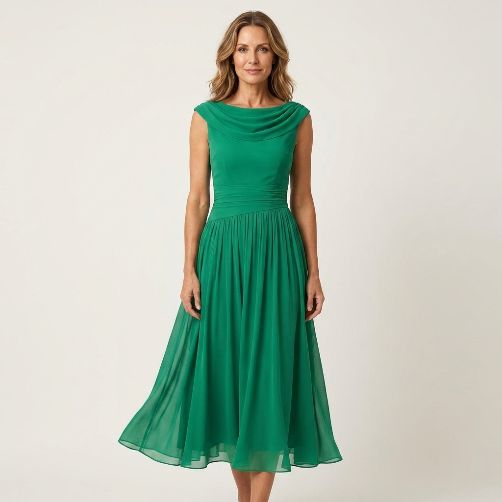 Mia | Chiffon Tea-Length Dress With Draped Bateau Neck