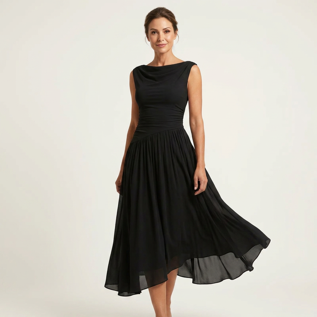 Mia | Chiffon Tea-Length Dress With Draped Bateau Neck