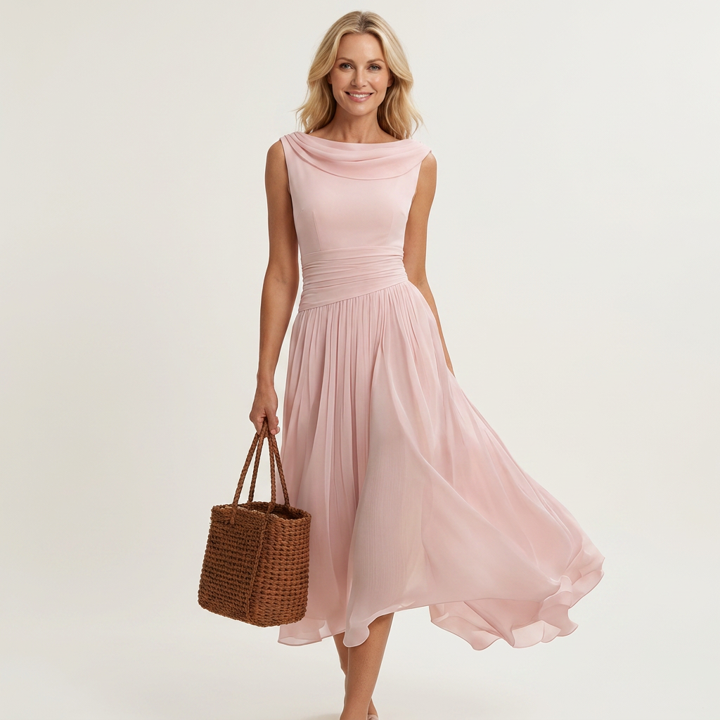 Mia | Chiffon Tea-Length Dress With Draped Bateau Neck