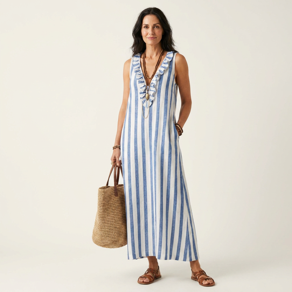 Colette | Ruffle V-Neck Vertical Stripe Maxi Dress With Pockets