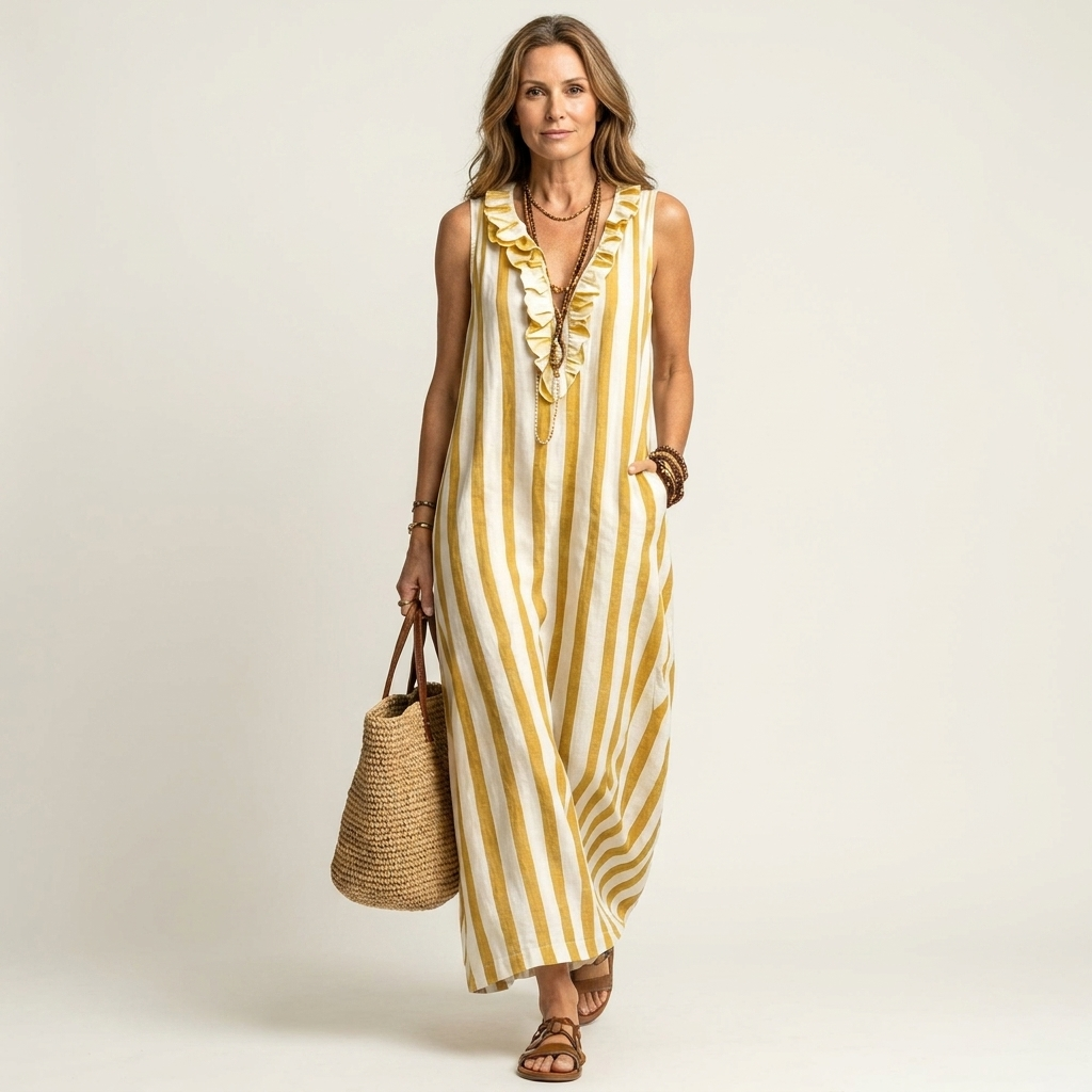 Colette | Ruffle V-Neck Vertical Stripe Maxi Dress With Pockets