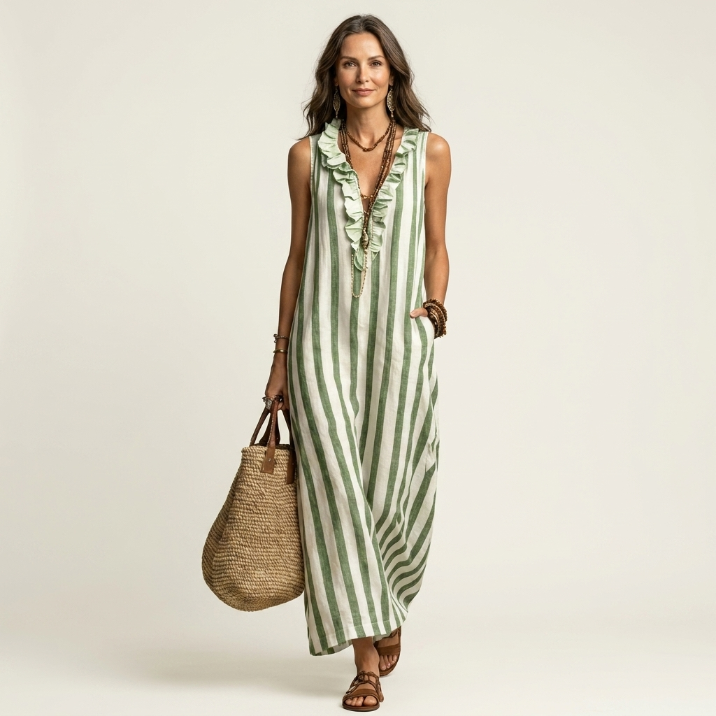 Colette | Ruffle V-Neck Vertical Stripe Maxi Dress With Pockets