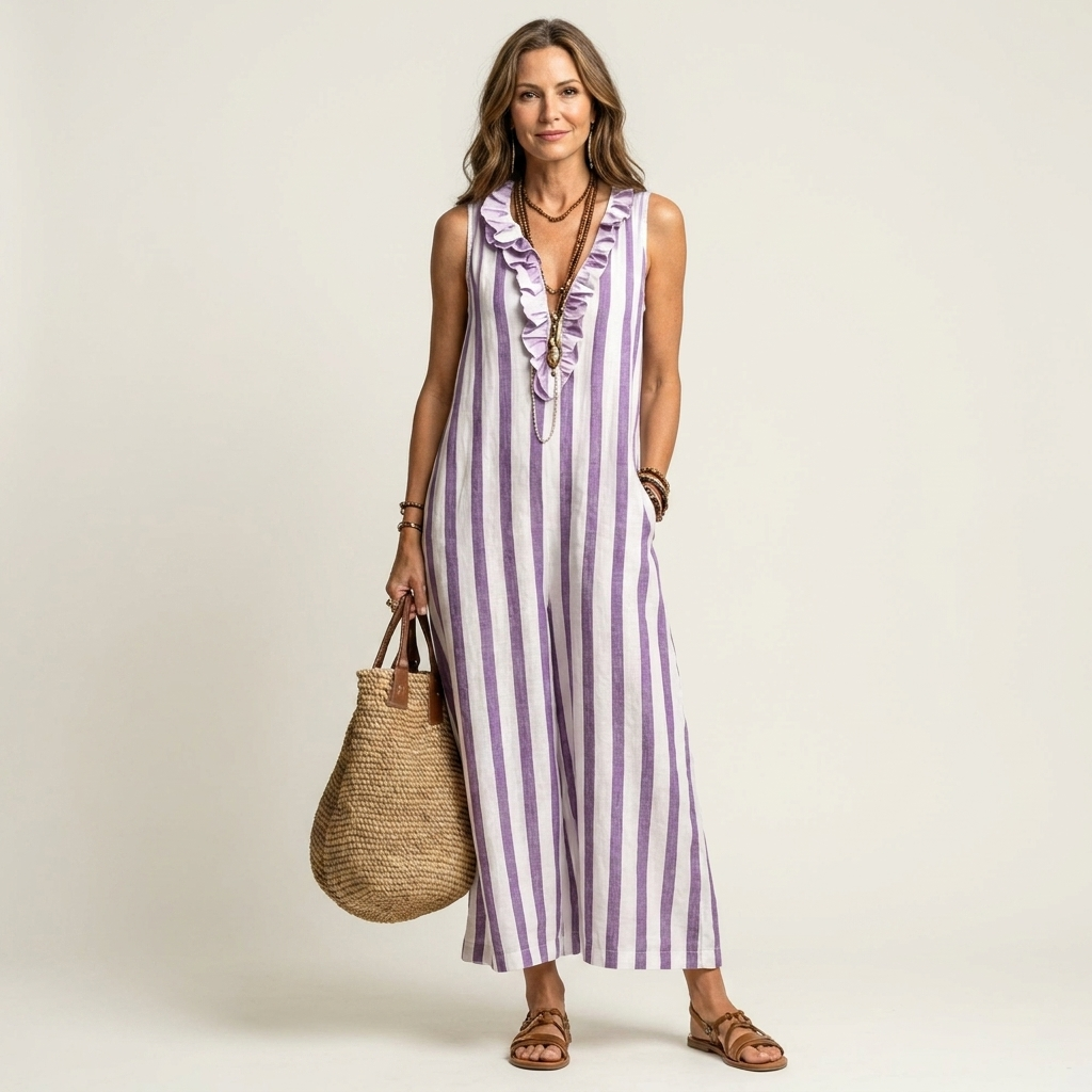 Colette | Ruffle V-Neck Vertical Stripe Maxi Dress With Pockets