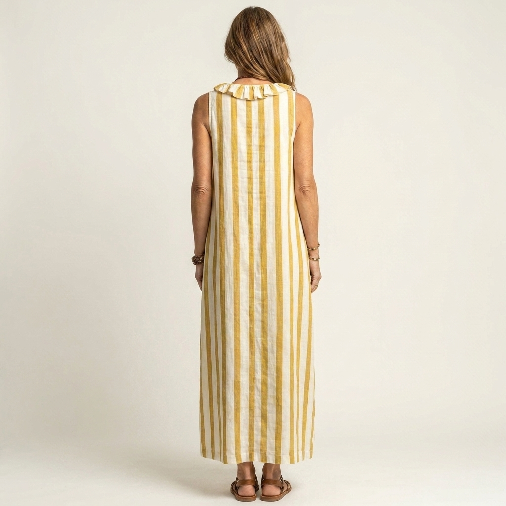 Colette | Ruffle V-Neck Vertical Stripe Maxi Dress With Pockets