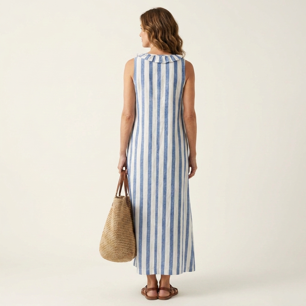 Colette | Ruffle V-Neck Vertical Stripe Maxi Dress With Pockets
