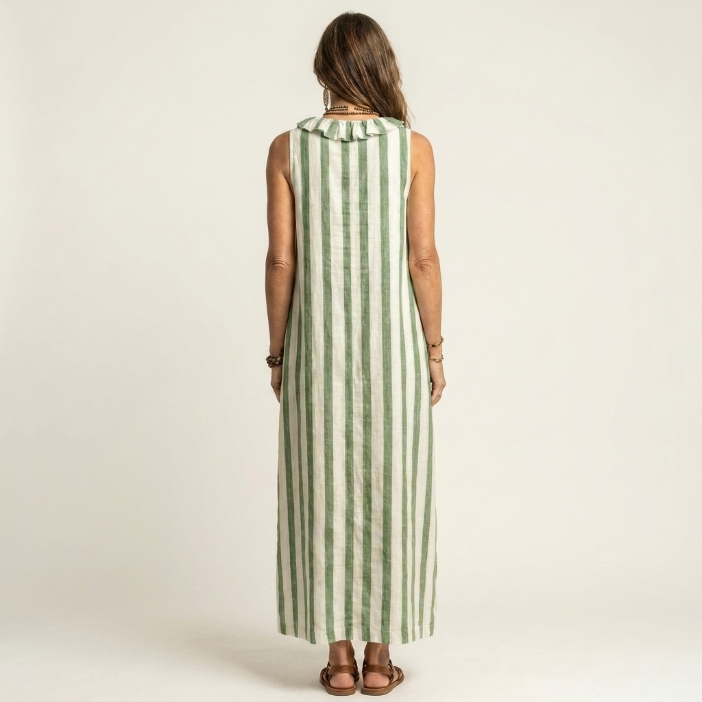 Colette | Ruffle V-Neck Vertical Stripe Maxi Dress With Pockets