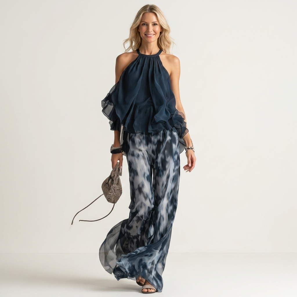 Elea | Chiffon Halter Ruffle Top & Navy Tie-Dye Wide-Leg Pants Set