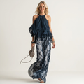 Elea | Chiffon Halter Ruffle Top & Navy Tie-Dye Wide-Leg Pants Set