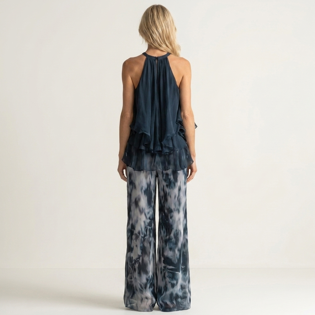 Elea | Chiffon Halter Ruffle Top & Navy Tie-Dye Wide-Leg Pants Set