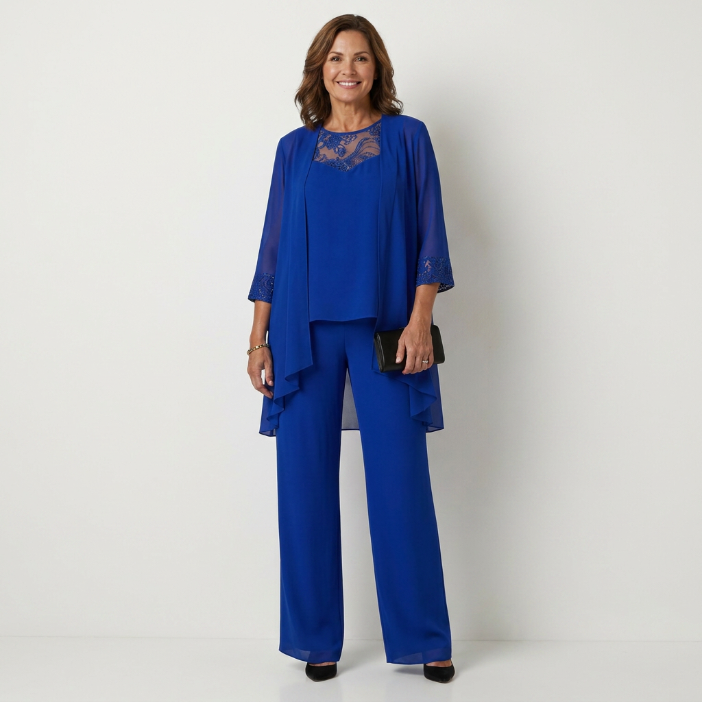 Adalie | Three-Piece Chiffon Set With Beaded Lace Neckline & Longline Cardigan
