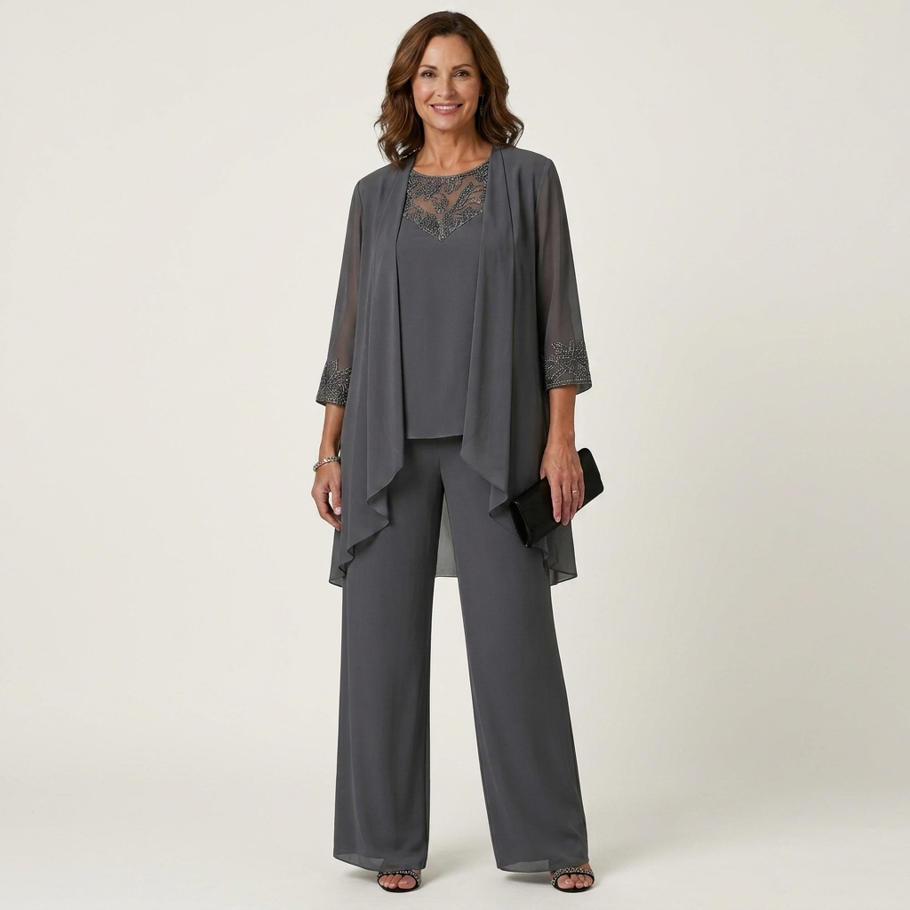 Adalie | Three-Piece Chiffon Set With Beaded Lace Neckline & Longline Cardigan