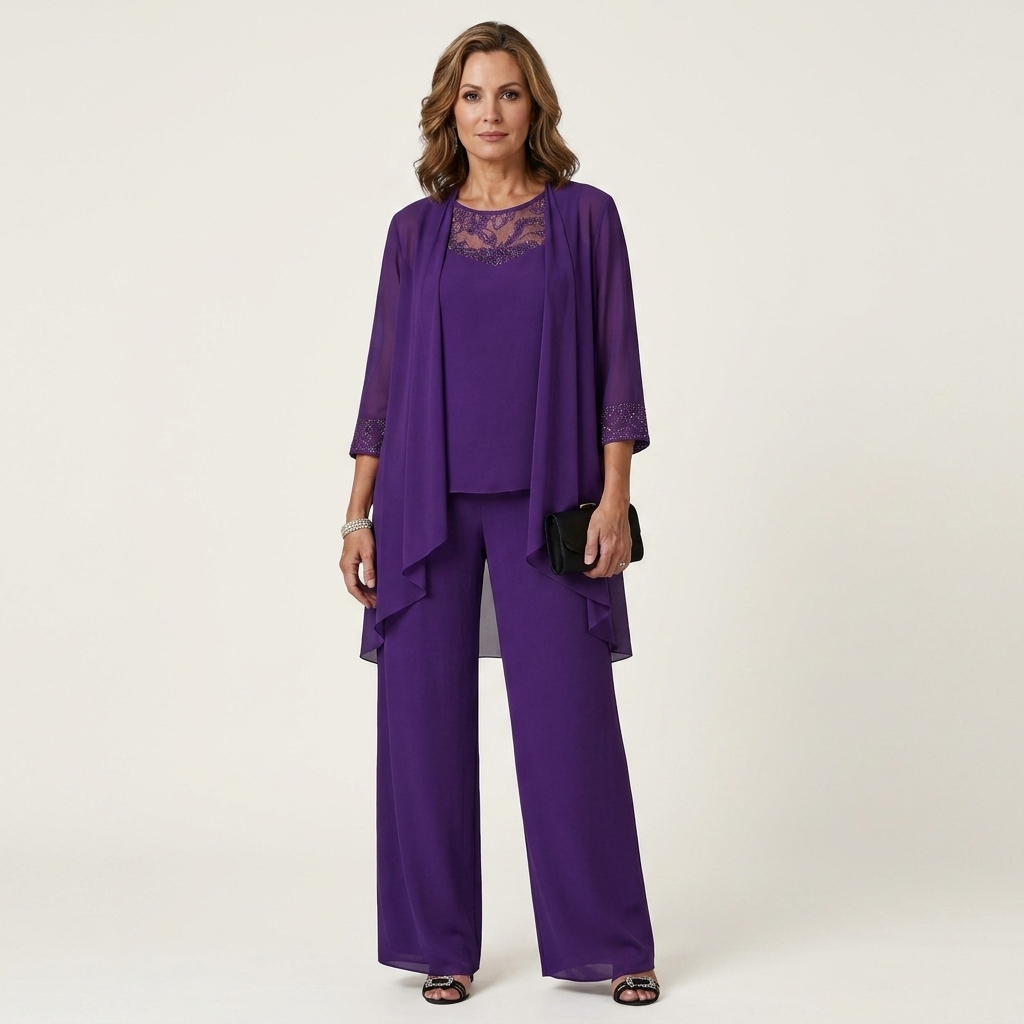 Adalie | Three-Piece Chiffon Set With Beaded Lace Neckline & Longline Cardigan