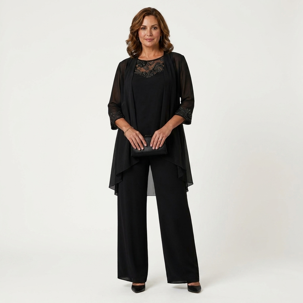Adalie | Three-Piece Chiffon Set With Beaded Lace Neckline & Longline Cardigan