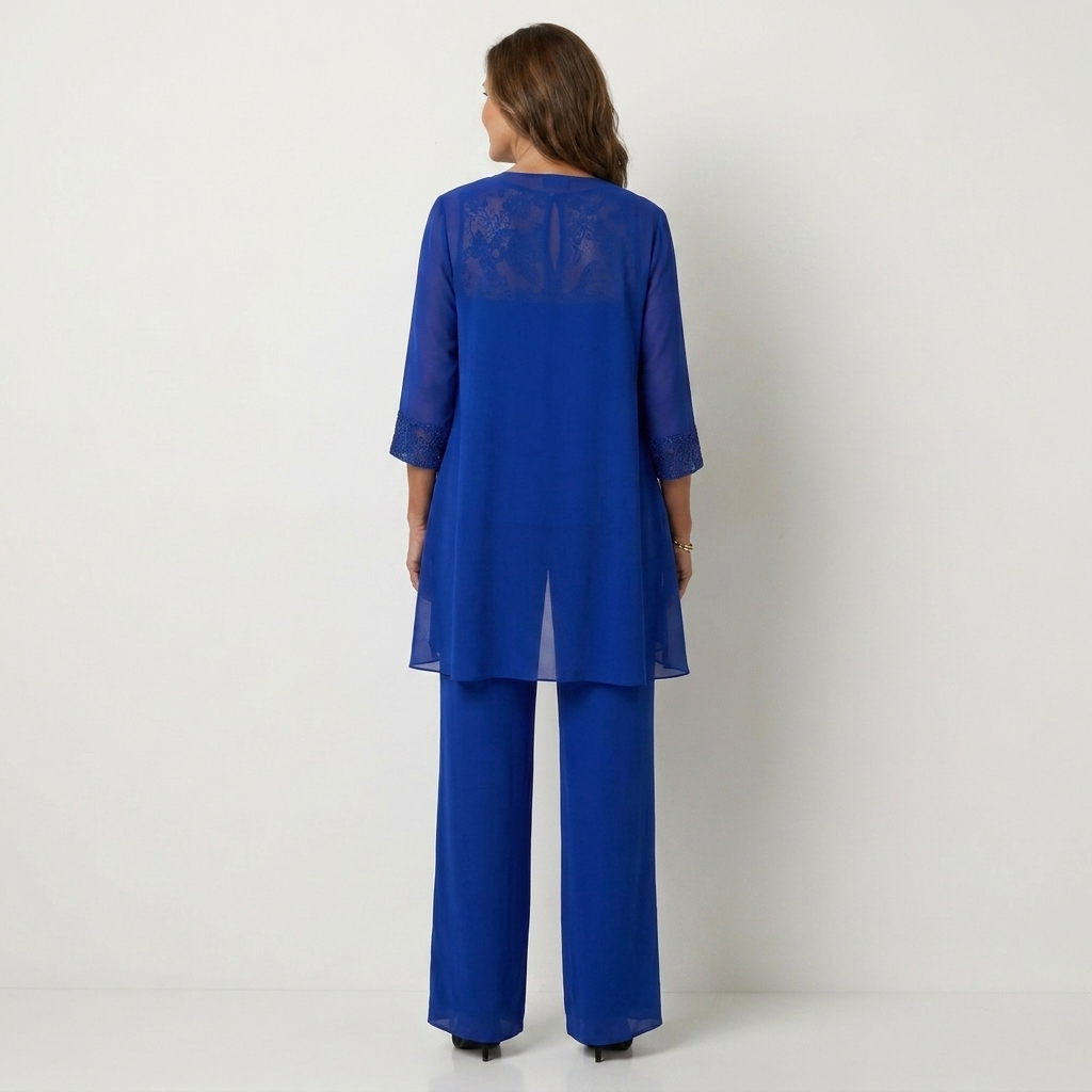 Adalie | Three-Piece Chiffon Set With Beaded Lace Neckline & Longline Cardigan