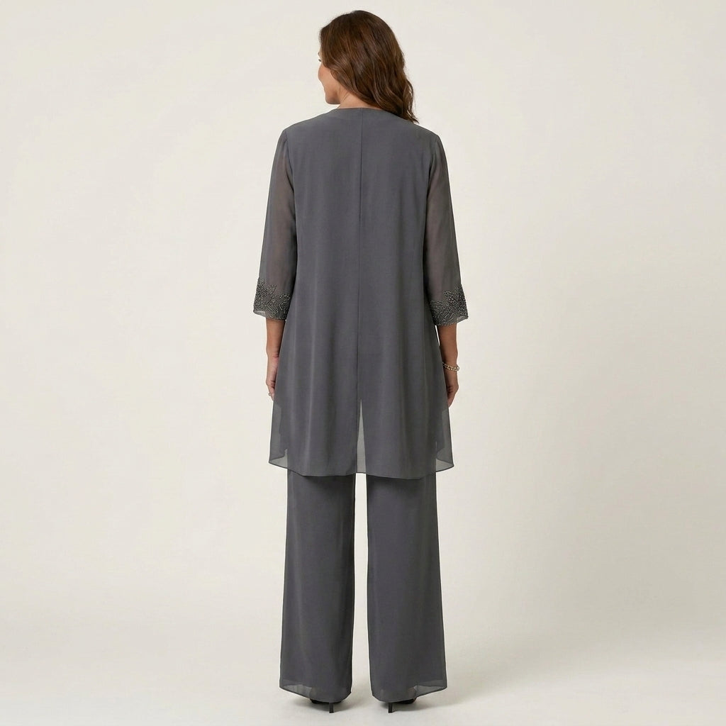 Adalie | Three-Piece Chiffon Set With Beaded Lace Neckline & Longline Cardigan