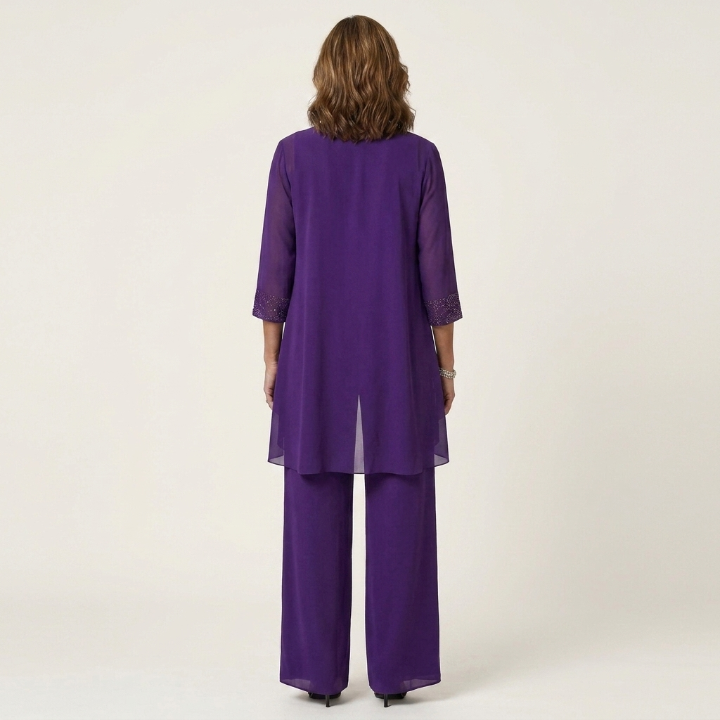 Adalie | Three-Piece Chiffon Set With Beaded Lace Neckline & Longline Cardigan