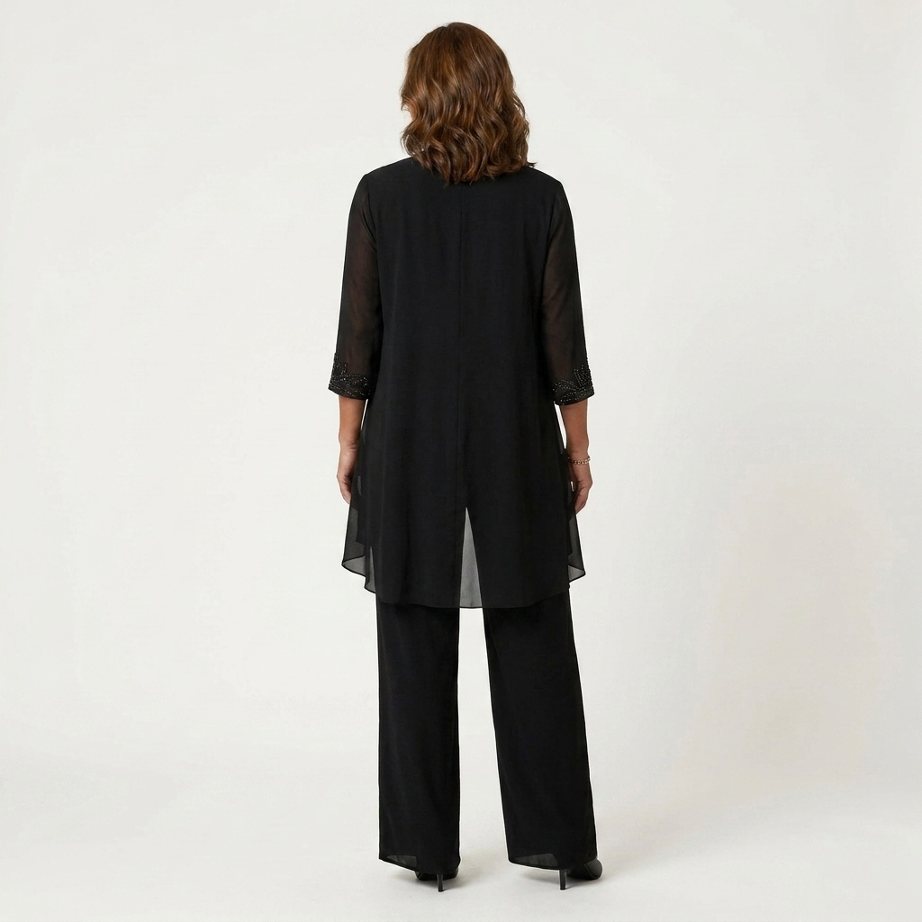 Adalie | Three-Piece Chiffon Set With Beaded Lace Neckline & Longline Cardigan