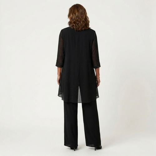 Adalie | Three-Piece Chiffon Set With Beaded Lace Neckline & Longline Cardigan