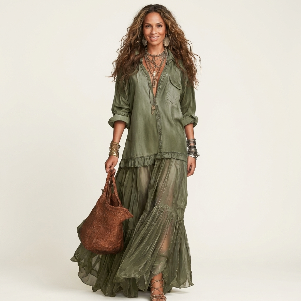 Cariah | Denim & Organza Patchwork Maxi Dress