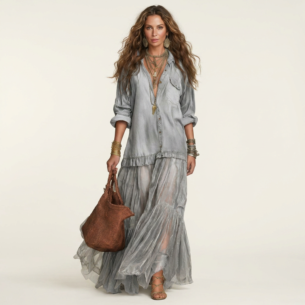 Cariah | Denim & Organza Patchwork Maxi Dress