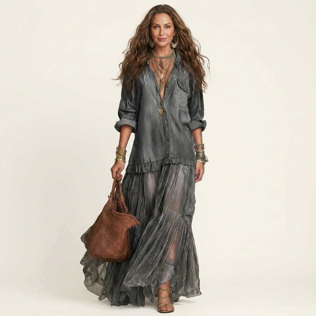 Cariah | Denim & Organza Patchwork Maxi Dress