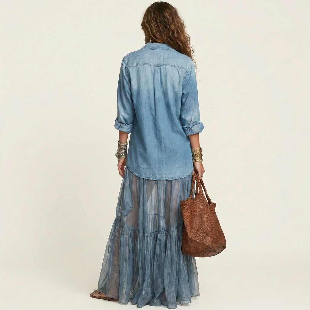 Cariah | Denim & Organza Patchwork Maxi Dress