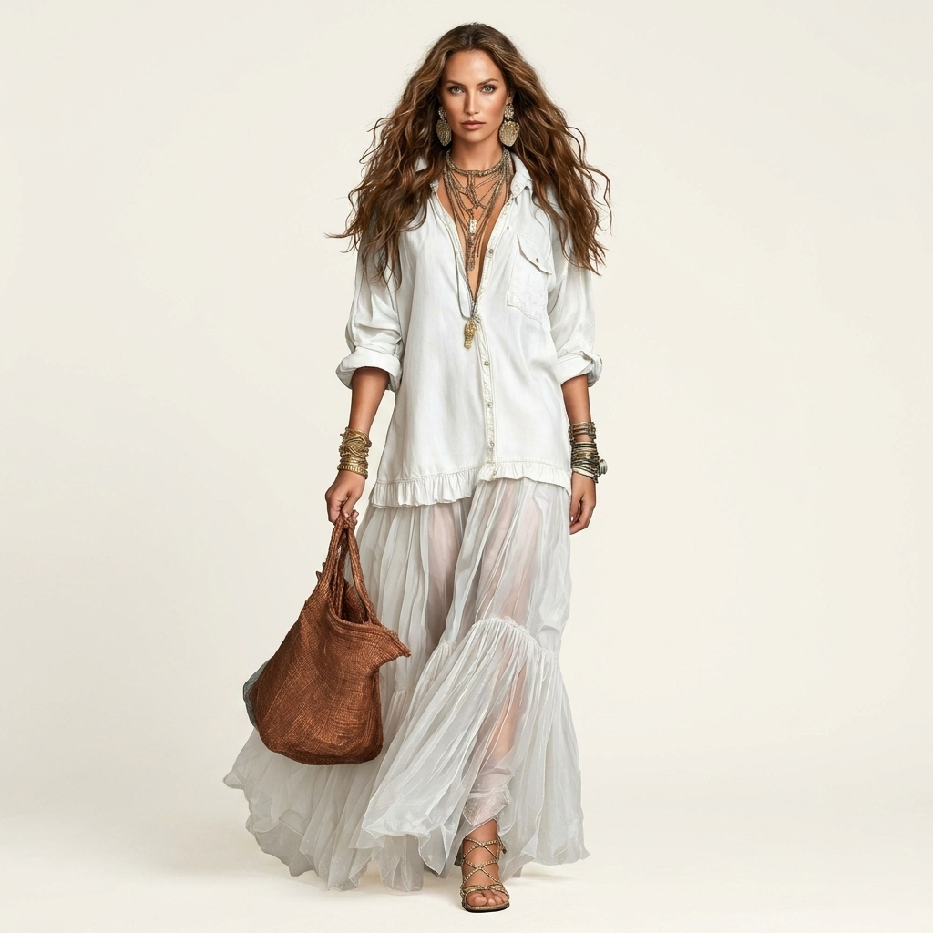Cariah | Denim & Organza Patchwork Maxi Dress