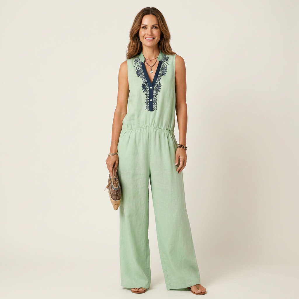Arienne | Cotton-Linen Sleeveless Wide-Leg Jumpsuit