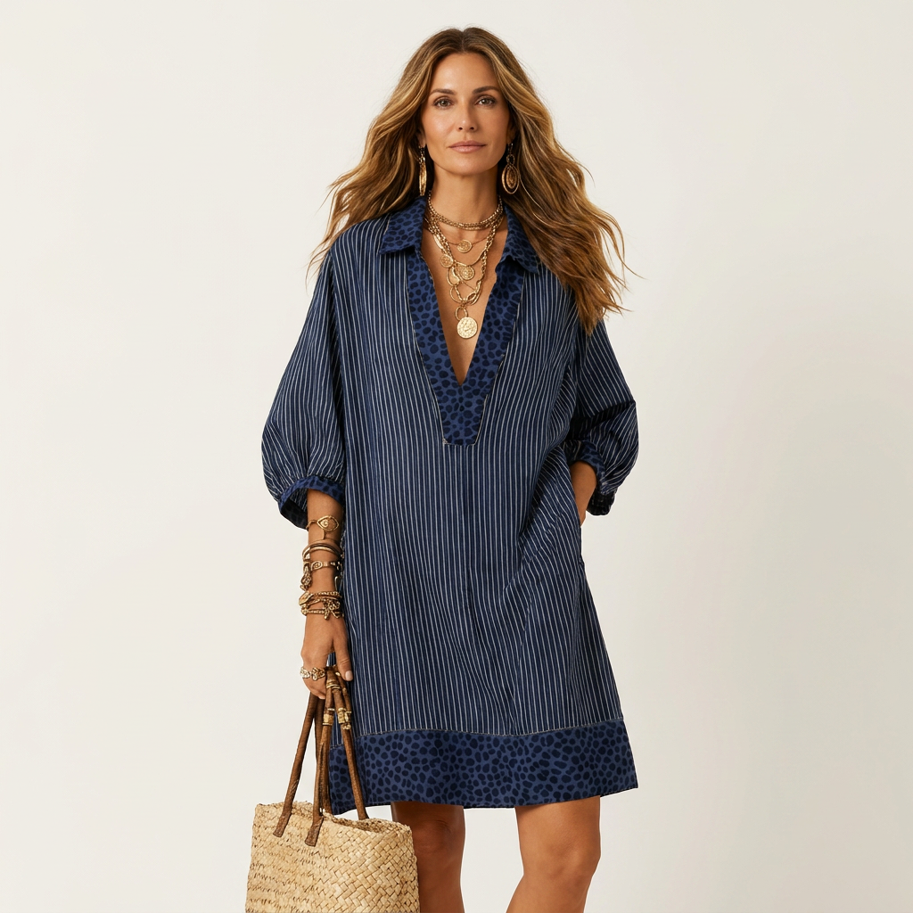Kourtney | Cotton-Linen Stripe & Leopard Print Dress