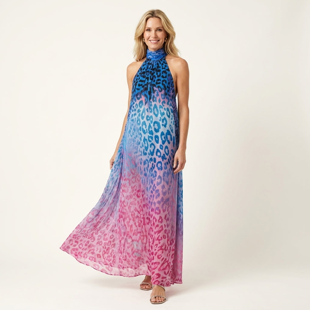 Leonya | Ombré Leopard Print Halter-Neck Maxi Dress