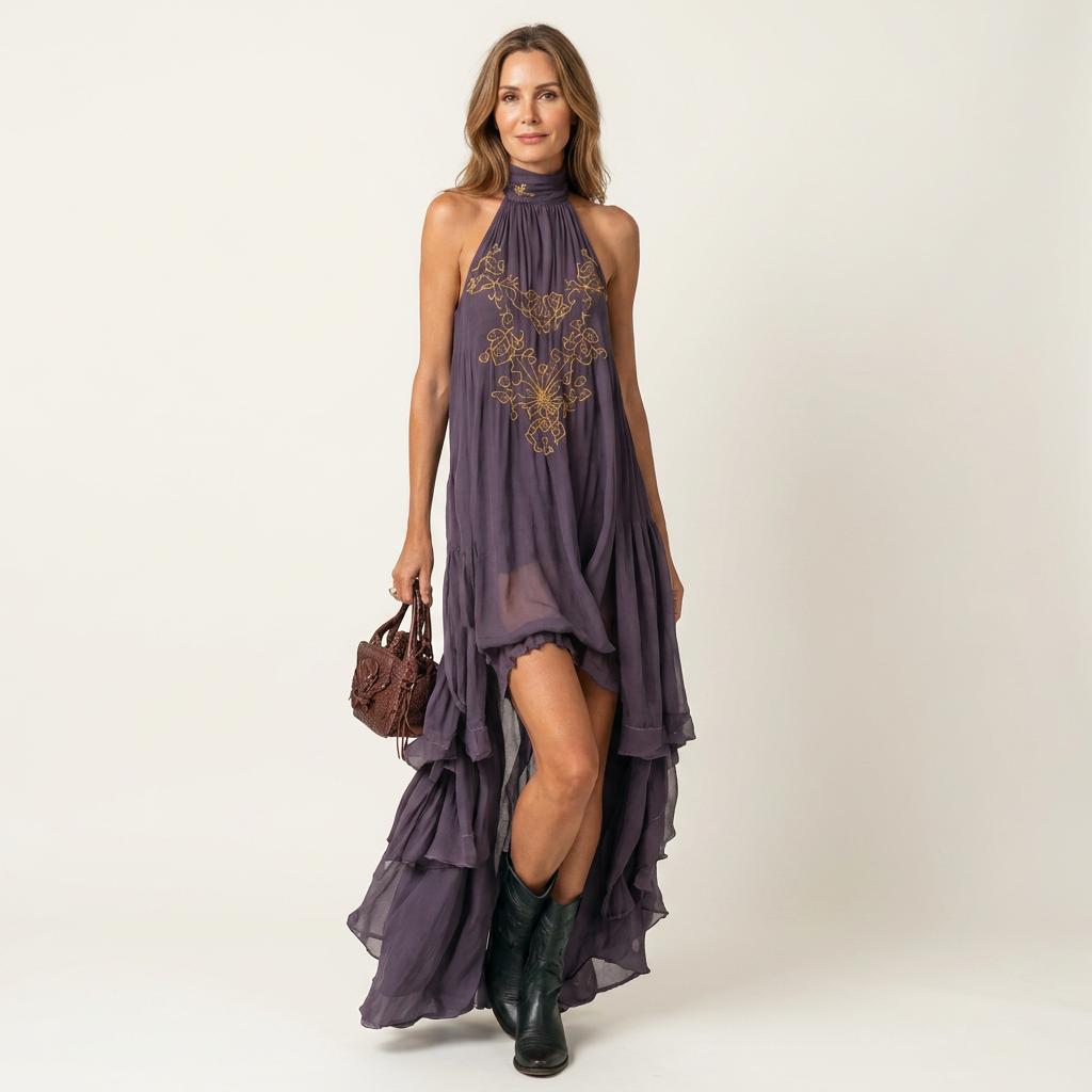 Keyla | Halter-Neck Embroidered Hi-Low Ruffle Maxi Dress